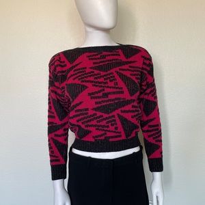 Vintage 80s Magenta Black Geometric Pattern Fitted Short Length Acrylic Sweater